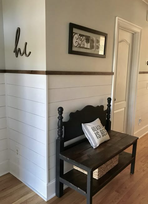 Shiplap Wainscoting Hallway, Shiplap Hallway Half, Wainscoting With Shiplap Above, Horizontal And Vertical Shiplap On Same Wall, Shiplap Pony Wall, Shiplap Wanescoting Ideas, Shiplap On Half Wall, Half Shiplap Wall Entryway, Shiplap Wall Ideas Kitchen