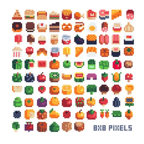 8x8 food.  #pixelart #pixelarticons #pixels #fruits #food # foodicon #vegetables #sprites #8bit #fastfood #isometric #icons #set #inventory #design #minimalistic #8x8 #gamedev Pixel Fruit Art, Pixel Art Vegetables, Pixel Inventory, 8 Bit Sprites, Pixel Art 8x8, 8x8 Pixel Art, Fruit Pixel Art, Pixel Art Fruit, Minimalist Pixel Art