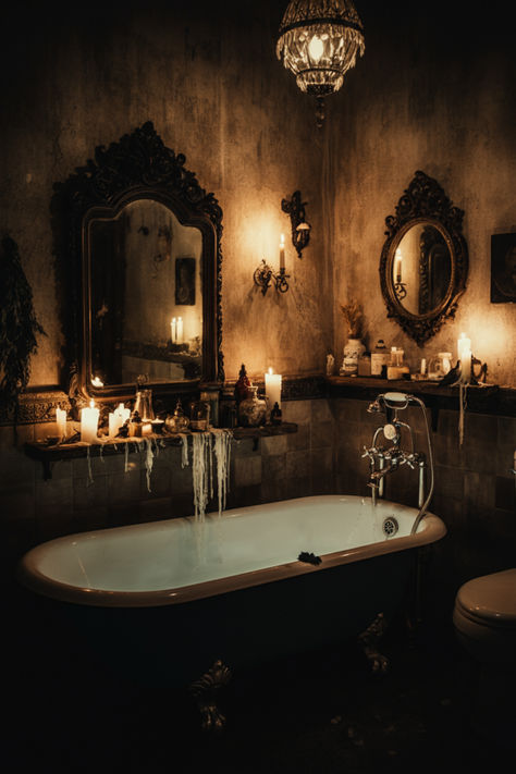 Get inspired to create a witchy bathroom sanctuary with these 20+ ideas! From dark color palettes and vintage mirrors to crystal accents and mystical artwork, turn your bathroom into a space of magic and elegance. Perfect for those who love gothic, enchanted vibes, these decor tips will give your bathroom a darkly beautiful transformation. 🕯️ #WitchyDecor #GothicBathroom #MysticalHome Bathroom Ceiling Mural, Moody Romantic Bathroom, Dark Victorian Bathroom, Witchy Bathroom Ideas, Haunted Bathroom, Gothic Bathroom Ideas, Mystical Artwork, Witchy Bathroom, Witchy Space