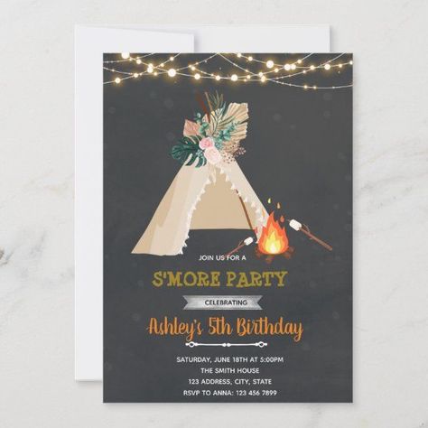 Glamping s'more party invitation Glamping Birthday, Halloween Gender Reveal, Movie Night Birthday Party, Glamping Party, Halloween Birthday Invitations, Gender Reveal Invitations, Halloween Invitations, Halloween Birthday, Gender Reveal Party