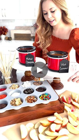 25K views · 280 reactions | This Caramel Apple Dipping Station is a fun and easy way to enjoy caramel apples in an interactive way at your next fall party!  You can add all of your favorite caramel apple toppings to a muffin pan so all of your friends, family, and guests can mix and match their favorite toppings for each apple slice.  I thought about adding cupcake liners to the muffin pan (side note, I just noticed the inconstancy of it being called a MUFFIN pan and CUPCAKE liners), but my cupcake liners were too big, and I realized that most likely by the end of a party (especially if little ones are involved), the whole pan would be a fun memory mess.  You could even add tiny little spoons to the muffin pan so people can sprinkle the toppings on their caramel apple slices instead of dip Apple Dip Station, Bobbing For Apples Alternative, Apple Dipping Station, Caramel Apple Toppings, Fall Dessert Bar, Caramel Apple Slices, Hosting Party, Apple Slice, Bobbing For Apples