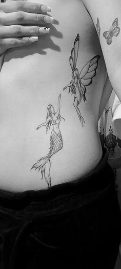 Thigh Fairy Tattoo, Fairy Tatoos Ideas, Mom And Daughter Fairy Tattoo, Sister Mermaid Tattoos, Sister Fairy Tattoos, Fairy Sister Tattoo, Elf Tattoos For Women, Fairy Spine Tattoo, Water Fairy Tattoo