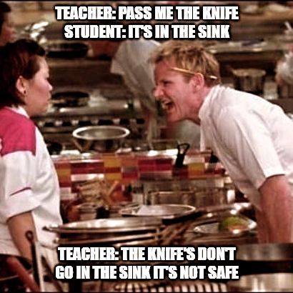 📚👩‍🏫 Teacher: "Pass me the knife." 👩‍🎓 Student: "It's in the sink." 👩‍🏫 Teacher: "Knives don't go in the sink, it's not safe!" 🗡️😂 Who else has had a "kitchen safety" lesson the hard way? 🙋‍♀️ Comment your funniest kitchen mishap below! 👇 Don't forget to follow for more laughs and kitchen tips! 👍🔪 . . . . #kitchenfails #safetyfirst #laughinthekitchen #kitchenmemes #memes #memesdaily #kitchenmeme #kitchenknife #kitchensafety #funny #funnymemes #funnymemesdaily Kitchen Memes, Kitchen Safety, Kitchen Humor, Restaurant Kitchen, Kitchen Tips, The Hard Way, You Funny, Kitchen Hacks, A Kitchen