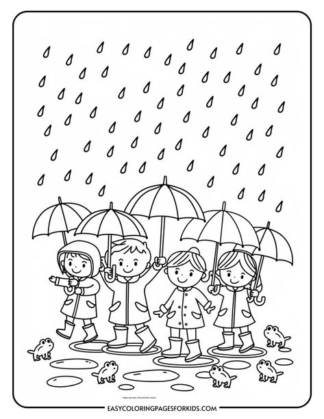 Four children holding umbrellas in the rain, wearing colorful raincoats and boots, standing in puddles with frogs around them. Ideal for a kids' coloring activity. Rainy Day Drawing Easy, Rainy Day Sketch, Rain Coloring Pages, Rainy Day Coloring Pages, Weather Coloring Pages, Adult Coloring Pages Free Printable, Rainy Day Art, Rain Cartoon, Easy Coloring Pages For Kids