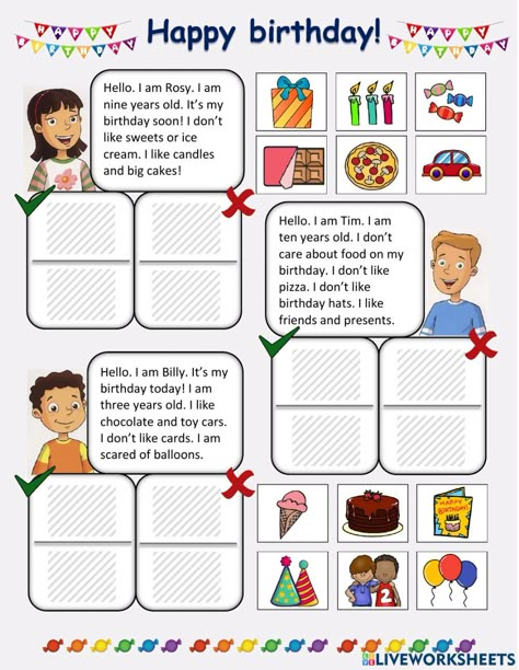 Birthday, like, don't like interactive worksheet for Elementary. You can do the exercises online or download the worksheet as pdf. Birthday Worksheet, Ingles Kids, Happy Birthday Free, Grammar For Kids, English Learning Books, English Ideas, English Activities For Kids, Birthday Activities, English Worksheets For Kids