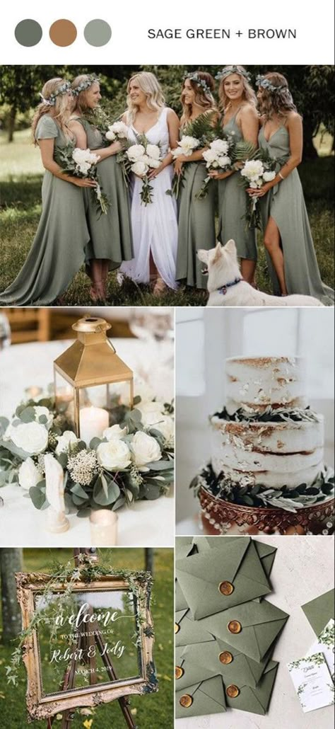 Sage Green and Brown Wedding Wedding Colors Green, Green And Brown Wedding, Sage Green Wedding Theme, Sage Wedding Colors, Spring Wedding Outfit, Sage Green Wedding Colors, Olive Green Weddings, Wedding Color Scheme, Wedding Color Ideas