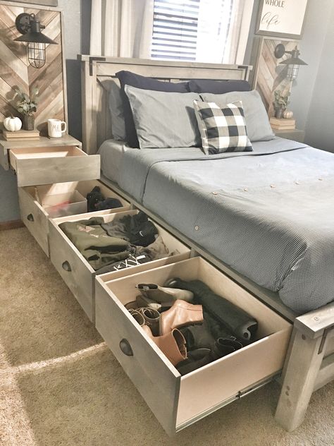 Building Our Bed — Ashley Diann Designs Queen Beds With Storage Underneath, California King Bed With Storage, Build Bed Frame With Storage, Diy Bedframe Queen With Storage, Queen Size Bed Frame With Storage, Queen Bed With Storage Diy, Rustic Bed Frame With Storage, Custom Bed Frames, Queen Bed Frame With Drawers