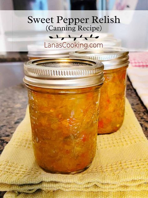 Make your own canned Sweet Pepper Relish at home! Not only is it a great hot dog topping, it's perfect with fresh garden vegetables! https://www.lanascooking.com/sweet-pepper-relish/ Canned Sweet Pepper Relish, Pepper Relish Canning Recipes, Canned Sweet Pepper Recipes, Canning Onions And Peppers, Sweet Hot Pepper Relish Recipes, Sweet Pepper Relish Canning, Hot Pepper Relish Canning, Sweet Pepper Relish Recipe Canning, Sweet Pepper Relish Recipe