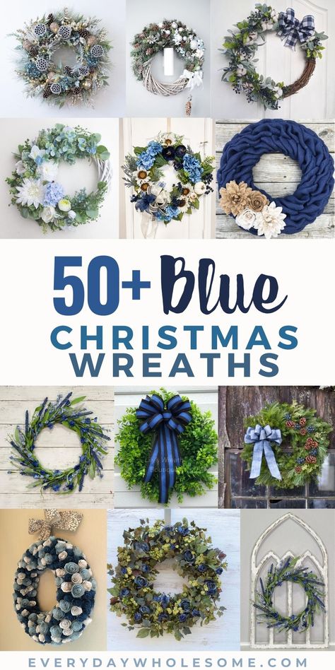 Holiday Decorations Diy, Blue Winter Wonderland, Blue Wreaths, All Shades Of Blue, Christmas Front Door, White Christmas Wreath, Holiday Wreaths Diy, Blue Christmas Decor, Door Wreaths Diy