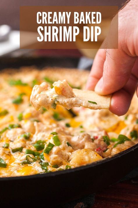 This delicious baked shrimp dip combines just a few ingredients into a creamy, warm dip and is a seafood lover's dream! All baked in a cast iron skillet! #shrimp #dip #baked #creamy Hot Shrimp Dip Recipe, Shrimp Queso Dip, Baked Shrimp Dip, Cajun Shrimp Dip, Fish Dip Recipe, Easy Baked Shrimp, Shrimp Dip Recipes, Baked Dips, Skillet Shrimp