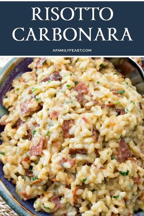 Risotto Carbonara - A Family Feast® Risotto Carbonara, Berry Trifle Recipe, Classic Carbonara, Risotto Recipes Easy, Risotto Dishes, Cake Pizza, Berry Trifle, Rice Side Dishes, Arborio Rice