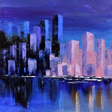 Abstract Buildings Painting, Simple City Scape Painting, Cityscape Art Painting, Painted City Scape, City Buildings Painting, City Painting Simple, How To Paint Cityscapes, Painting Buildings Acrylic, Starlight Painting