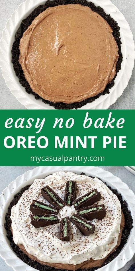 Oreo Mint Pie - this easy, no-bake chocolate cream pie has all the vibes of pudding meets cookies and cream with a fresh minty twist.  Perfectly festive for the holidays and easy enough for every day. Oreo Cookie Pie, Mint Pie, Chocolate Peppermint Cupcakes, Mint Desserts, Chocolate Pie With Pudding, Oreo Pudding, Oreo Pie, Cookie Toppings, Mint Oreo