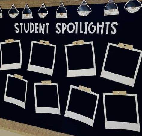 Students Corner Bulletin Board, Senior Spotlight Bulletin Board, Star Students Bulletin Board, Selfie Bulletin Board Ideas, Bulletin Board With Student Pictures, Polaroid Bulletin Board Ideas, Camera Bulletin Board Ideas, Polaroid Wall Classroom, School Banners Ideas