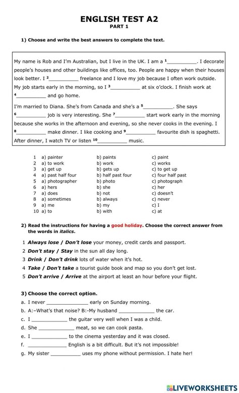 Language test a2 English Conversation Worksheets, English Grammar Test, English Grammar Exercises, English Language Test, Study English Language, English Teaching Resources, English Exercises, Teaching English Grammar, English Conversation