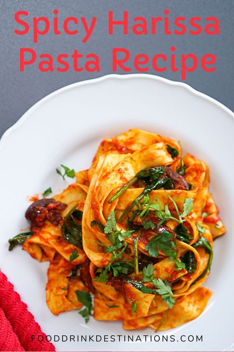 This spicy harissa pasta recipe is an easy-to-make and unique pasta dish. The spice of the Moroccan chili paste is offset by the tang of capers and black olives to make a Mediterranean fusion of flavors. Harissa Noodles, Harissa Pasta Recipe, Recipes Using Harissa Paste, Unique Pasta Recipes, Harissa Pasta, Black Olives Recipes, Unique Pasta Dishes, Lamb Pasta, Unique Pasta