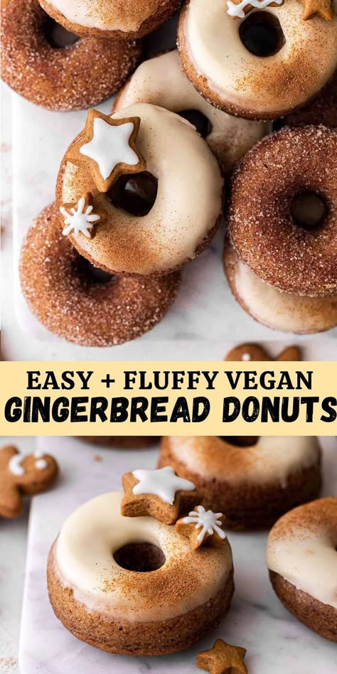 Christmas Vegan Recipes, Vegan Holiday Desserts, Vegan Donut Recipe, Gingerbread Donuts, Vegan Christmas Desserts, Vegan Gingerbread Cookies, Maple Icing, Vegan Doughnuts, Christmas Vegan