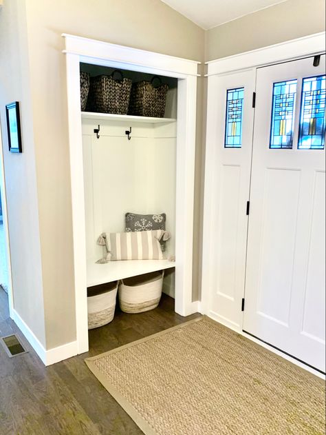 Small Built In Coat Rack Entryway, Closet Near Front Door, Farmhouse Coat Closet Entryway, Entrance Closet Remodel, Bench In Coat Closet, Coat Closet To Entry Nook, Hall Closet Organization Entryway, Entry Way Coat Closet Ideas, Front Entrance Closet Ideas Built Ins