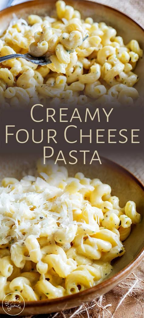 This Creamy Four Cheese Pasta recipe is so easy to make and will be a hit with the entire family! It is one of those dinners that is great on its own or as a side next to some grilled chicken, a juicy steak, or with some roasted mushrooms. Cheesy Pasta is one of the worlds greatest comfort foods and this four cheese version is ready in 15 minutes, as you make the simple sauce whilst the pasta cooks. So much better than boxed pasta. Pasta Dishes Cheesy, Simple Cheesy Pasta, Pasta Quatro Formaggi, Chicken And Cheese Pasta Recipes, Simple Cheese Pasta, 3 Cheese Pasta Recipes, Creamy Cheesy Pasta Sauce, Four Cheese Sauce, Four Cheese Pasta Recipe