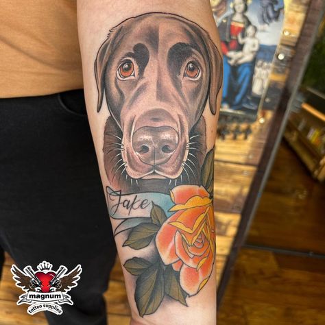 Traditional Labrador Tattoo, Labrador Tattoo, Pet Portrait Tattoos, Portrait Tattoos, Different Artists, Dog Tattoo, Tattoos Ideas, Tattoo Inspo, Black Dog