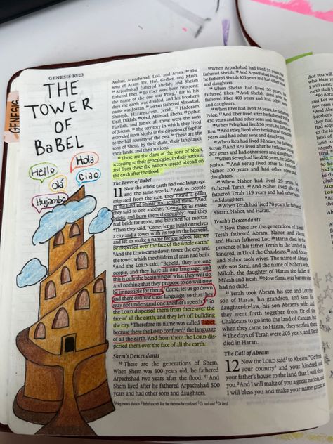 Babel tower Genesis 10:23 Genesis 11 Bible Journaling, Genesis 12 Bible Journaling, Genesis 10 Bible Journaling, Genesis Bible Art, Bible Journaling Genesis Ideas, Genesis 7 Bible Journaling, Margin Ideas, Genesis Notes, Genesis 1 Bible Journaling