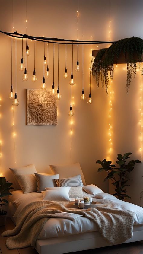 Globe String Lights Bedroom Wall, Hanging Bulb Lights Bedroom, Ball Lights In Bedroom, Hanging Lightbulbs In Bedroom, Warm Room Lighting, Indoor String Light Ideas, Fairy Lights In Bedroom, Bedroom Twinkle Lights, Hanging Lights In Living Room