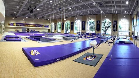 LSU welcomed us for a grand tour of their brand new state-of-the-art facility that just opened Feb 6, 2016. It is 38,656 gross square feet with approximately 18,000 square feet of practice space in the gym area, filled with custom mats and equipment by AAI.It is a multi-use facility that provides the gymnasts and coaches with everything they need to succeed at the highest level. The training center as a whole truly represents excellence, just as the LSU Tigers do on the competition floor.Now... Gymnastics Gym Design, Gymnastics Facility, Gymnastics Studio, Gymnastics Supplies, Haikyuu Au, Lsu Gymnastics, Gymnastics Center, Gymnastics Academy, Elite Gymnastics