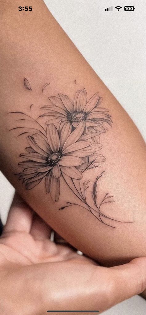 Elbow Ditch Flower Tattoo, Sunflower And Dandelion Tattoo, 2 Daisies Tattoo, Flower Tattoo With Butterflies, Wildflower Arm Tattoo, Fine Flower Tattoo, Shaded Tattoos Women, Unusual Tattoos For Women, Daisy Tattoos For Women