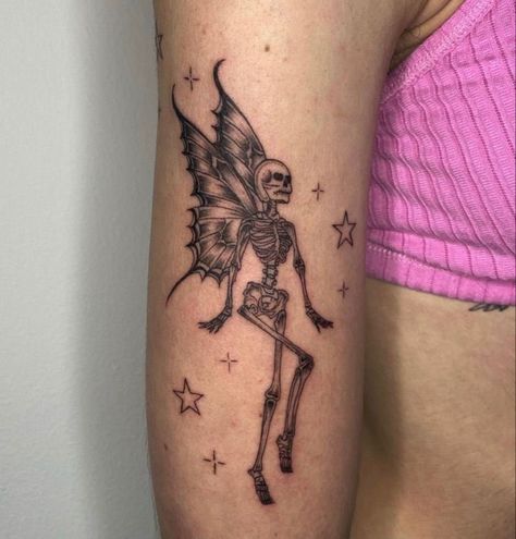 Skeleton Fairy Tattoo, Eerie Tattoos, Skeleton Fairy, Skeleton Tattoo, Sick Tattoo, Skeleton Tattoos, Spooky Tattoos, Dope Tattoos For Women, Stylist Tattoos