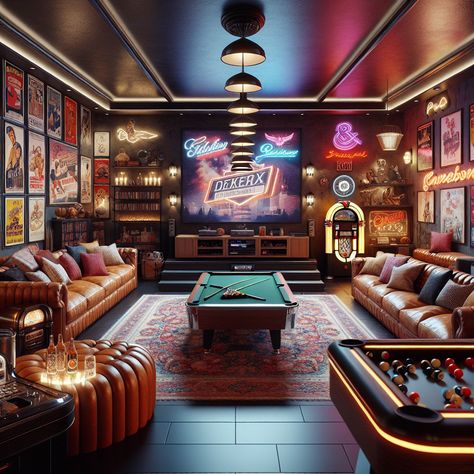 Discover a luxury man cave, blending vintage charm with modern amenities. Features include a big screen TV setup, old-school jukebox, pool table, sports memorabilia, a stocked minibar and cozy lighting. #ManCave #HomeBar #GameRoom #SportsMemorabilia #VintageDecor #LuxuryHomes Luxury Man Cave, Retro Convertible, Basement Man Cave, Game Room Ideas Man Caves, Tv Setup, Game Room Ideas, Cozy Lighting, Baseball Room, Man Cave Basement