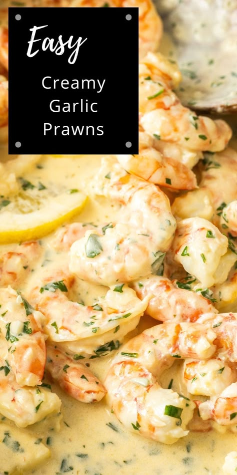 These Creamy Lemon Garlic Prawns are likely to become one of your favourite easy meals. It is a speedy seafood dinner, made in just one pan, and comes together in about 30 minutes. The prawns are bathed in a creamy garlic butter sauce, elevated with fresh lemon juice. Just be sure to have sufficient bread to enjoy the delicious sauce! Shell On Prawn Recipes, Keto Prawn Dinner Recipes, Lemon Prawn Pasta, Prawn Dishes Recipes, Best Prawn Recipes, Spot Prawn Recipe, Prawn Starter Recipes, Cooked Prawn Recipes, Creamy Lemon Garlic Shrimp