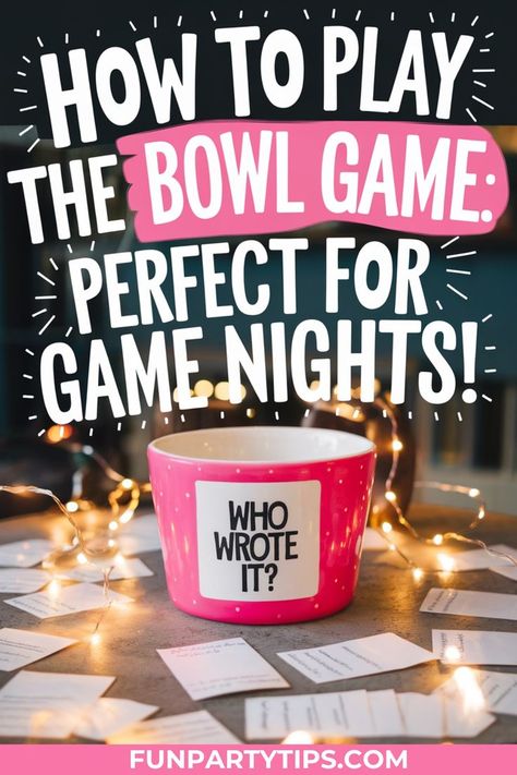 Bring the laughs to your next game night with the Bowl Game! This fun party game is perfect for birthday parties, game nights, or family fun nights. All you need are bowls, paper slips, and a sense of humor. Ready to guess who wrote those crazy ideas? Click to learn more! Game Night Cupcake Ideas, Board Game Tournament Ideas, Game Night Bday Party, Game Night For Families, Creative Game Night Ideas, Games Night Decorations, Blank Slate Game Word List, Pajama Game Night Party Ideas, Game Night Dinner Party