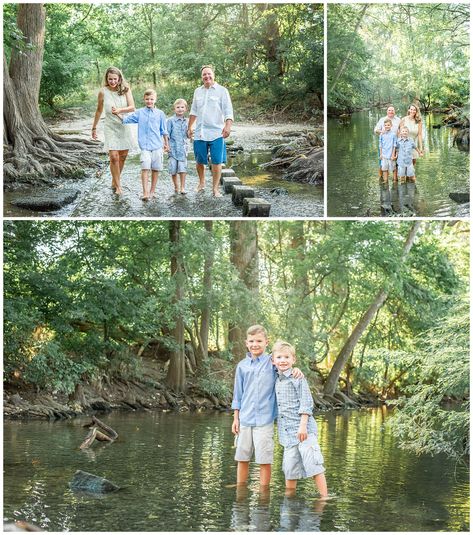 Mini Sessions in the River at Cibolo Nature Center in Boerne Creek Family Photoshoot Outfits, River Photoshoot Ideas Family, River Family Pictures, Water Family Photoshoot, Family Photoshoot River, Family Photo Lake Picture Ideas, River Mini Sessions, Creek Mini Sessions, Family River Photoshoot