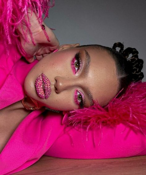 Editorial Pink Makeup, Hot Pink Glam Makeup, Pink Barbie Makeup Look, Hot Pink Photoshoot, Pink Editorial Makeup, Barbie Eye Makeup, Pink Barbie Makeup, High Fashion Makeup Editorial, Makeup Artist Photoshoot