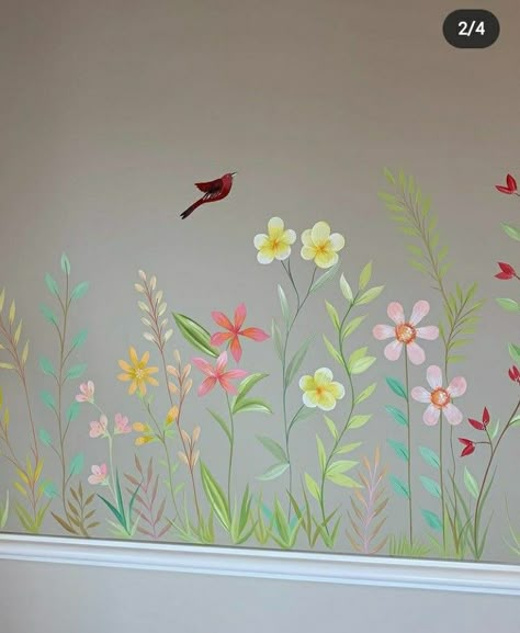 Flower Mural Wall Paintings Easy, Flower Mural Kids Room, Flowers Wall Painting Ideas, Easy Flower Wall Painting, Flower Wall Painting Ideas, Painting Flowers On Wall, Wallpaintings Ideas Simple, Hand Painted Flowers On Wall, Painted Flower Mural