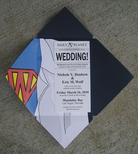 Invitation suite for a Superman-themed wedding in Las Vegas.Save the date magnets, invitations with custom stickers, photobooth icons and RSVP cards all included. Marvel Wedding Theme, Superman Invitations, Superman Wedding, Superman 1978, Marvel Wedding, Nerd Wedding, Superhero Wedding, Geeky Wedding, Nerdy Wedding