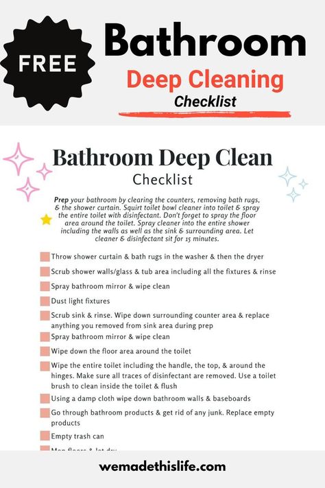 BATHROOM DEEP CLEAN CHECKLIST (FREE PRINTABLE) How To Deep Clean Your Bathroom, Deep Clean Bathroom Checklist, Clean Bathroom Checklist, Bathroom Deep Cleaning Checklist, Deep Cleaning Bathroom, Bathroom Deep Cleaning, Bathroom Deep Clean, Deep Clean Checklist, Clean Checklist