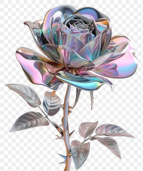 Holographic Design Graphics, Png Design Graphics, Chrome Graphic Design, Cyberpunk Png, Holographic Flowers, Rose Flower Illustration, Flower Y2k, Flowers Elements, Y2k 3d