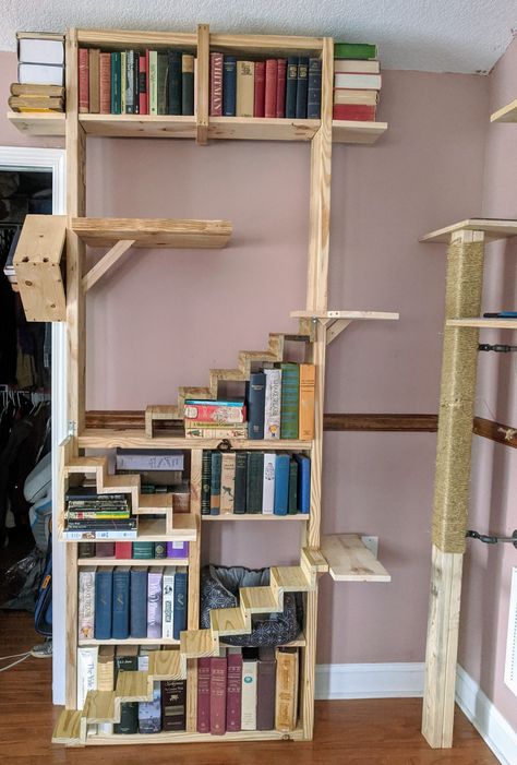 Book Shelf Cat Tower, Cat Bookshelf Diy, Book Case Cat Tree, Diy Cat Bookshelf, Diy Cat Tree Bookshelf, Wooden Cat Furniture, Cat Tree Furniture, Cat Building Ideas, Bookshelf For Cats