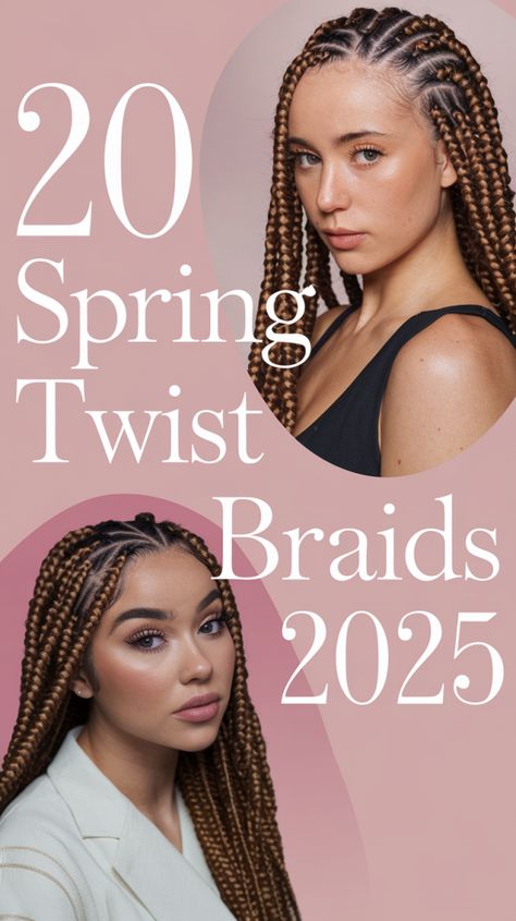 20 Spring Twist Braids 2025 Ideas: Short, Long, Crochet & Boho Hairstyles Two Twist Braids Hairstyles, 2025 Braid Styles, Spring Twist Braids Hairstyles, Long Boho Braids, Spring Twist Braids, Twist Braids Hairstyles, Bob Length, Braids Jumbo, Medium Knotless