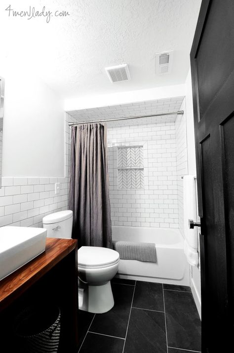 herringbone tile in inset and subway tile from shower carried up to ceiling and behind toilet and vanity Subway Tile Behind Toilet, Tile Behind Vanity And Toilet, Bathroom Tile Behind Toilet, Tile Behind Toilet, Behind Toilet, Dark Grout, Gray Grout, Basement Bathroom Design, Masculine Bathroom