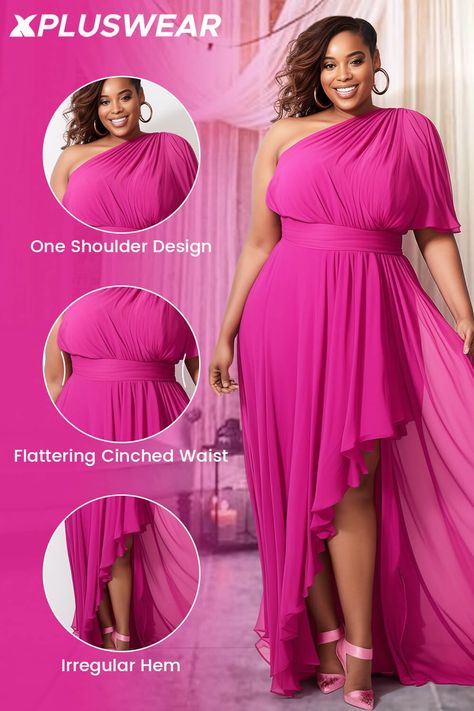 Xpluswear Design Plus Size Formal Hot Pink Oblique Collar Half Sleeve Irregular Hem Ruffled Fold Chiffon Maxi Dresses Chiffon Maxi Dresses, Formal Maxi Dress, Elegant Wedding Guest Dress, Plus Size Formal, Big Girl Fashion, Irregular Hem, Maxi Dress Formal, Chiffon Maxi, Chiffon Maxi Dress