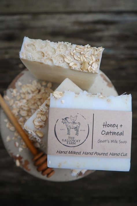 One of our best sellers - Honey + Oatmeal Goat's Milk Soap is a farmhouse favorite! This unscented bar is jam-packed full of nutrients for your skin, including raw local honey, colloidal oatmeal, and of course creamy and nutrient-dense goat's milk! This bar is highly recommended for those suffering with dry skin. DISCL Diy Soap Packaging Ideas, Goat Milk Candles, Soap Making For Beginners, Goat Milk Soap Recipe, Farm Chores, Goat Soap, Soap Photography, How To Make Soap, Farm Products