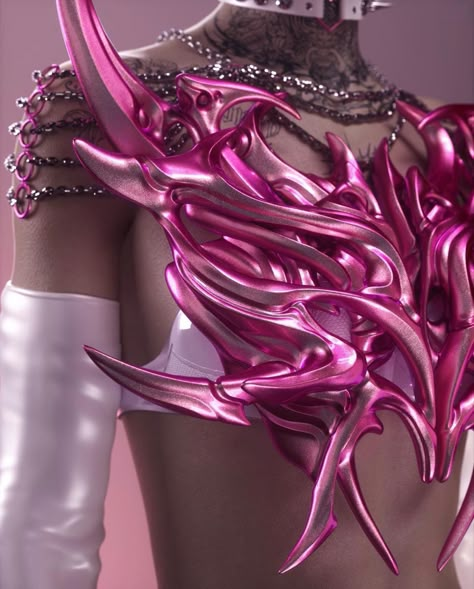 Soft Futuristic Aesthetic, Pink Chrome Outfit, Pink Chrome Aesthetic, Pink Futuristic Aesthetic, Pink Runway, Cybergoth Fashion, Futuristic Jewelry, Fantasy Party, Halloween Tablescape