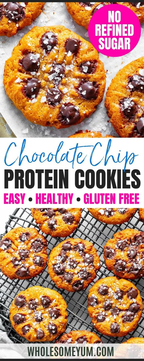 My protein cookies are like a chewy peanut butter cookie with chocolate chips and a protein boost! Gluten free, low carb, and no refined sugar. This healthy dessert is sweet, chewy, peanut buttery, and chocolaty. Moist Protein Cookies, Sugar Free Protein Cookies, Protein Cookies Healthy, Healthy Almond Flour Recipes, Gluten Free Protein Cookies, Protein Cookies Recipe, Protein Chocolate Chip Cookies, Cookies Easy Recipe, Smart Eating