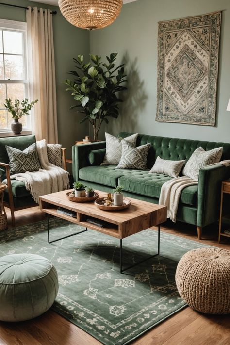 21 Sage Green Living Room Ideas – The Dear Lab Sage Theme Living Room, Sage Colour Living Room, Moss Green Living Room Ideas, Living Room Greenhouse, Living Room Natural Colors Earth Tones, Sage Green Living Room Furniture, Tan And Green Living Room Ideas, House Green Interior, Green Accent Living Room Ideas