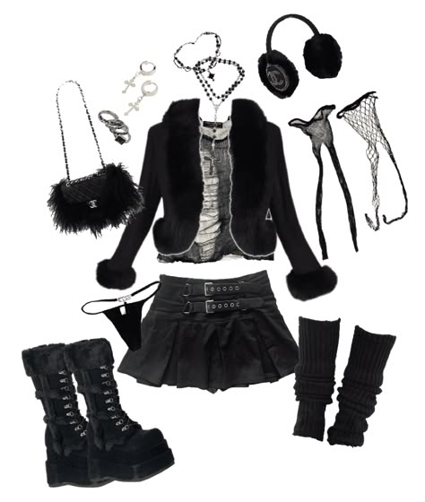 Bimbocore Outfits Black, Goth Gyaru Outfits, Alt Outfits Winter, Goth Mcbling Outfits, Grunge Coquette Clothes, Grudge Coquette Outfits, Goth Winter, Outfit Ideas For College, Black Leg Warmers