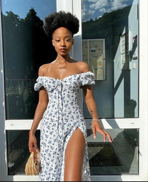 Floral Feminine Dresses, Summer Dresses On Black Women, Crystal Zinzile Instagram, Cute Feminine Dresses, Cute Dresses For Black Women, What To Wear For My Birthday, Black Girls Dresses Outfits, Feminine Women Outfits, Soft Girl Black Women Outfits