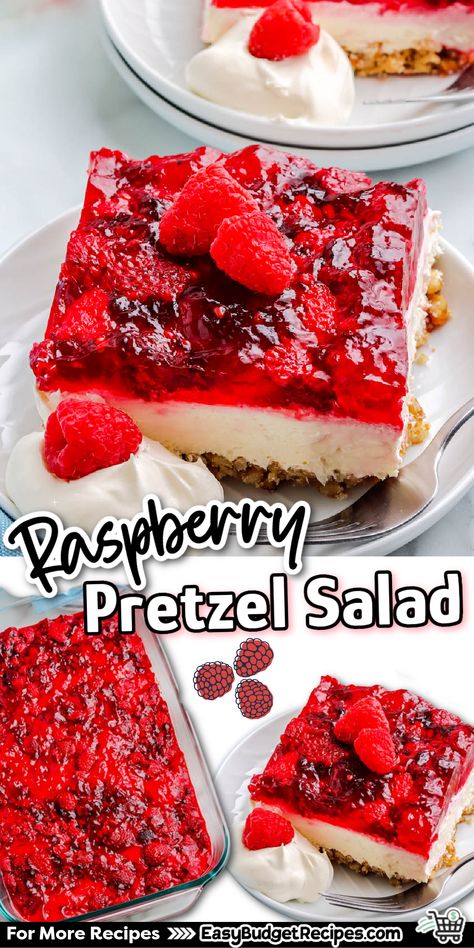 Raspberry Pretzel Salad is a layered dessert with a sweet pretzel crust, cream cheese layer, and a Raspberry Jello layer. Raspberry Pretzel Dessert, Deserts With Cream Cheese, Pretzel Cheesecake, Raspberry Pretzel Salad, Raspberry Jello Salad, Cheesecake Deserts, Pretzel Jello, Jello Pretzel Salad, Walnut Dessert