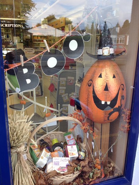 Charity Shop Window Displays, Bakery Window Display, Halloween Windows, Retail Pharmacy, Pharmacy Decor, Holiday Window Display, Windows Display, Pharmacy Design, Halloween Labels